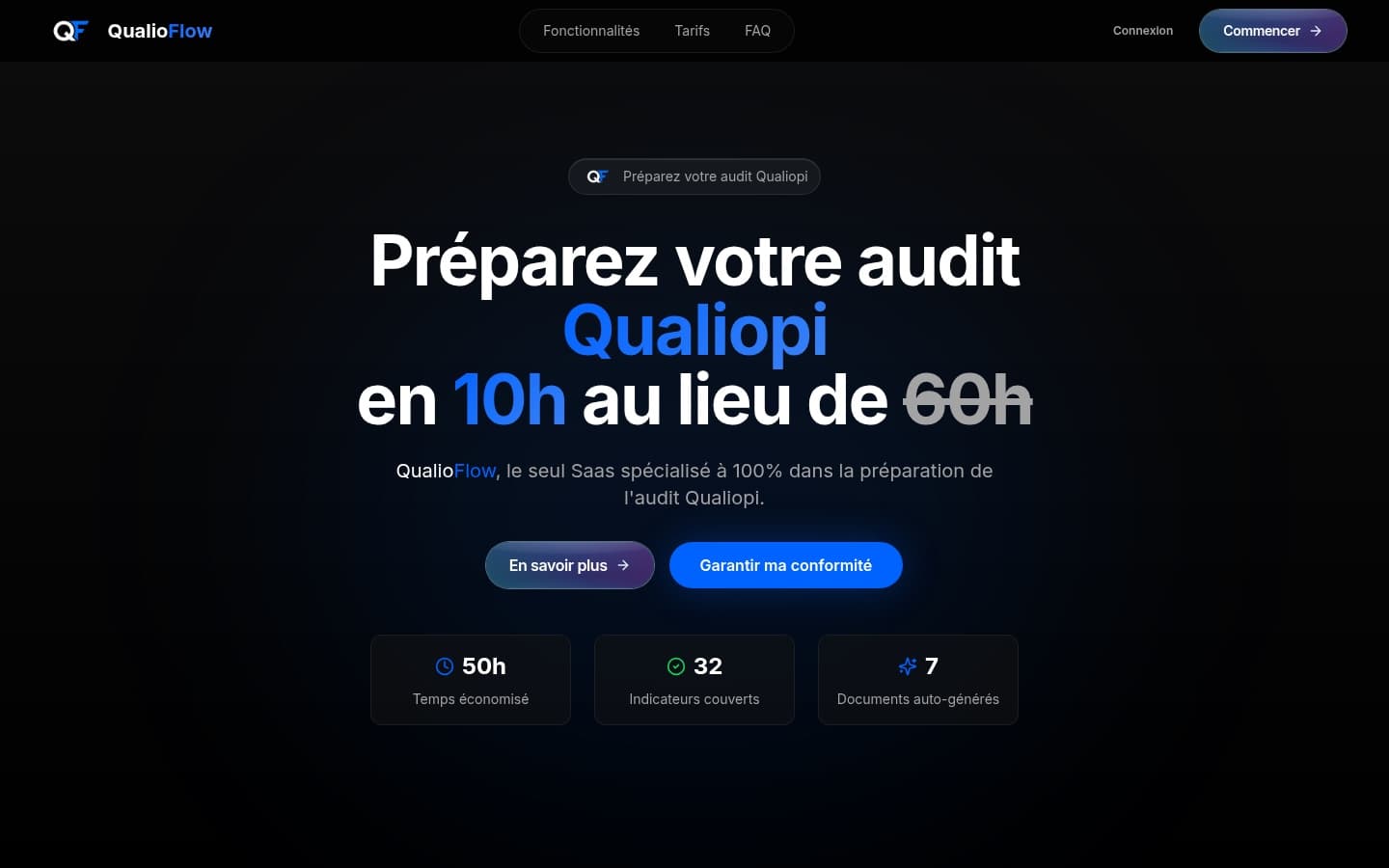 Hero du site QualioFlow — « Préparez votre audit Qualiopi en 10h au lieu de 60h ».