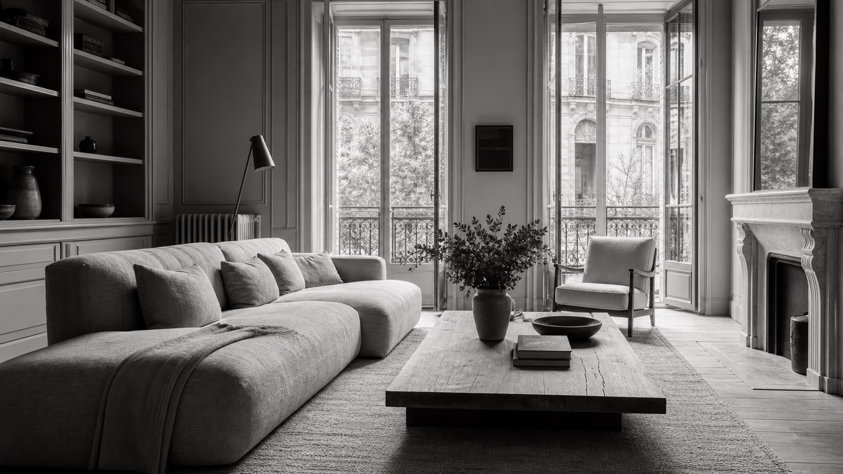 Intérieur locatif premium photographié en noir et blanc.