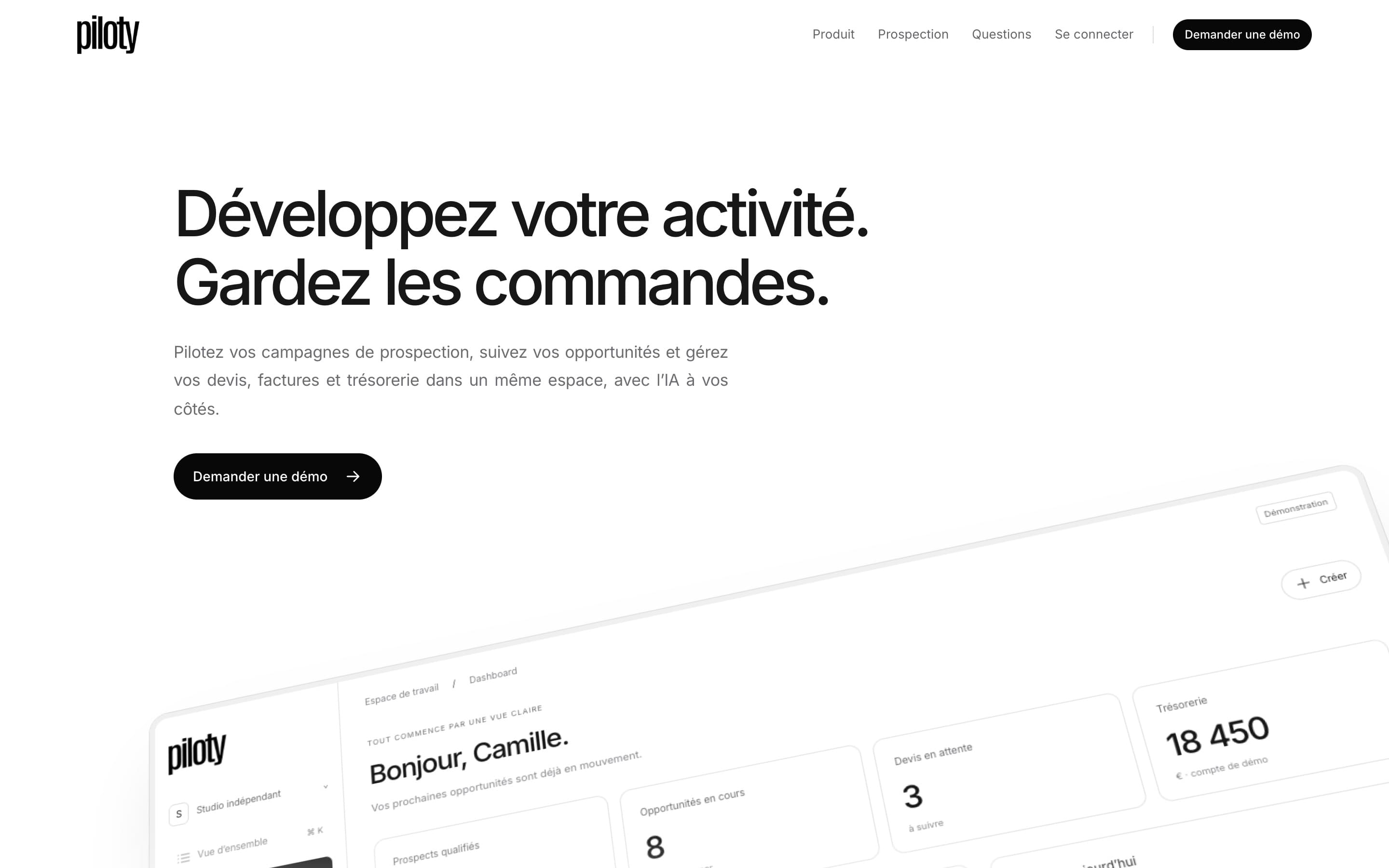 Page d’accueil de Piloty — « Développez votre activité. Gardez les commandes. »