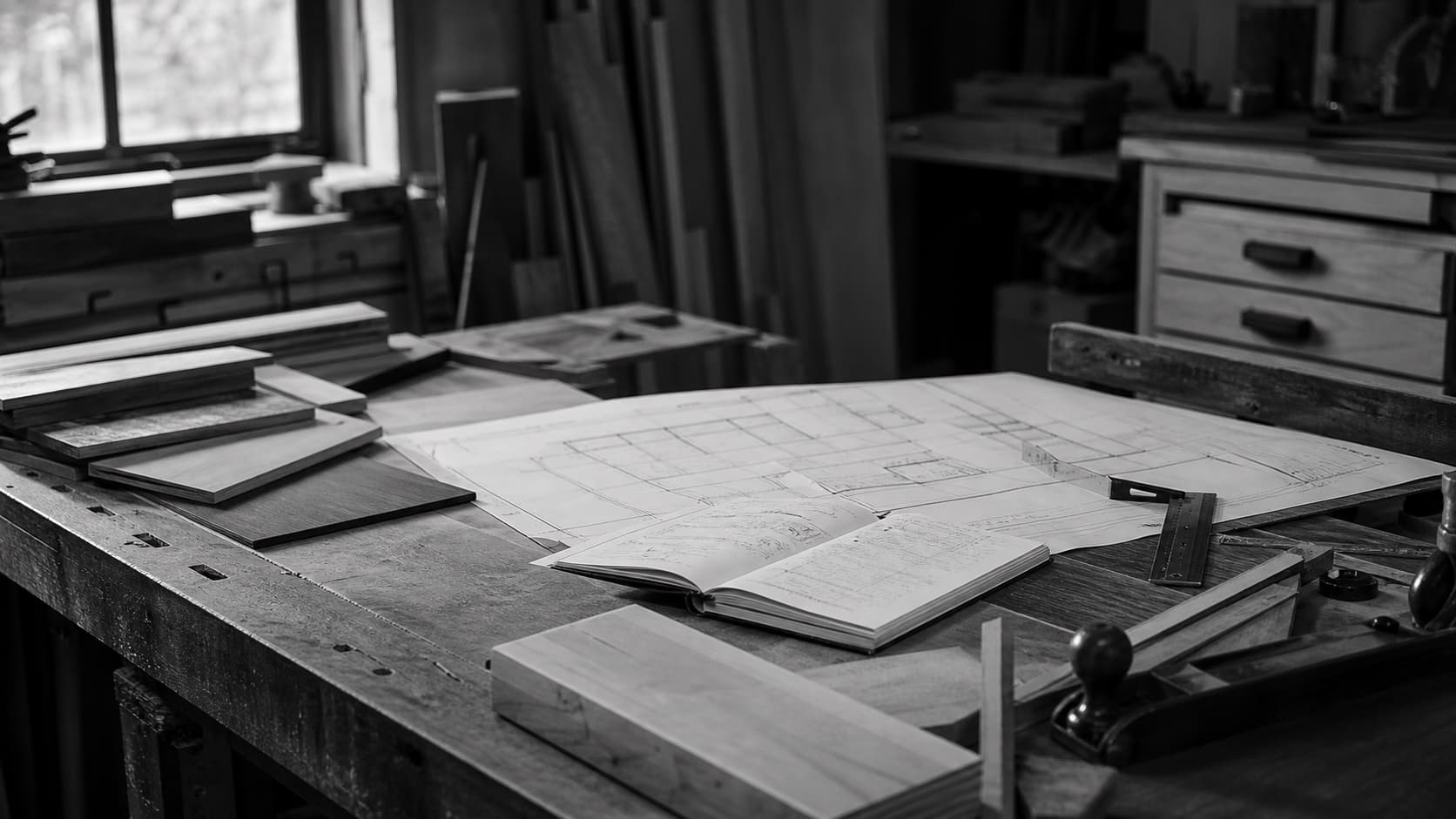 Atelier artisanal avec plans et matières photographié en noir et blanc.